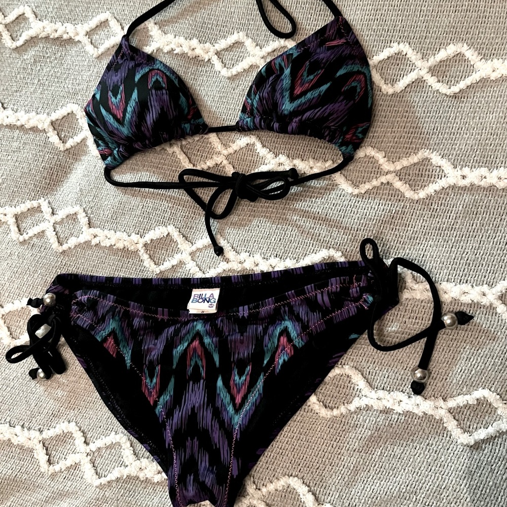 Billabong Black Bikini with Teal and Purple Ikat Print